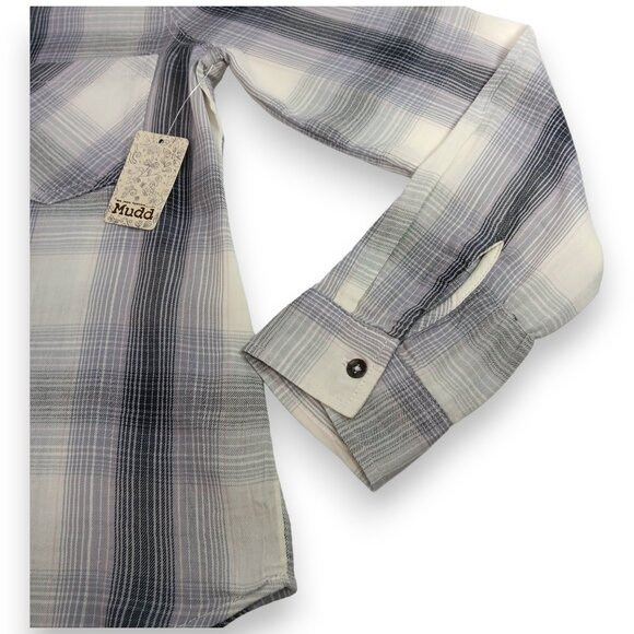 MUDD-Women's-Plaid-Gray-Black-Pink-SMALL-pullover-V Neck-Long Sleeve-Pockets - Picture 10 of 16